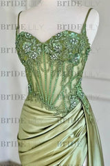 Sweetheart Ruched Satin Beadings Mermaid Prom Dress with Side Slit