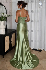 Sweetheart Ruched Satin Beadings Mermaid Prom Dress with Side Slit