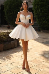 Sweetheart Short Aline Wedding Dress Sleeveless Satin Bridal Dress