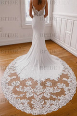 Sweetheart Spaghetti Straps Appliques Lace Mermaid Wedding Dresses with Train