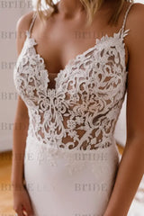 Sweetheart Spaghetti Straps Appliques Lace Mermaid Wedding Dresses with Train