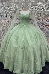 Sweetheart Tulle Sage Quinceanera Dresses Lace Appliques Ball Gown with Cape