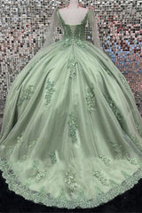 Sweetheart Tulle Sage Quinceanera Dresses Lace Appliques Ball Gown with Cape