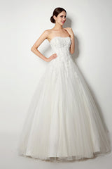 Long Lace-Up Back A-line Strapless Ivory Wedding Dress with Appliques