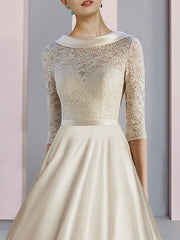 Sheath / Column Mother of the Bride Dress Wedding Guest Party Elegant Scoop Neck Tea Length Satin Lace Half Sleeve with Bow(s)