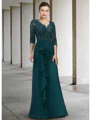 Aimishang  A-Line Mother of the Bride Dress Elegant V Neck Floor Length Chiffon Lace Half Sleeve with Draping Appliques