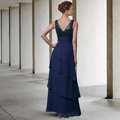 A-Line Mother of the Bride Dress Elegant V Neck Floor Length Chiffon Sequined Sleeveless Wrap Included with Sequin