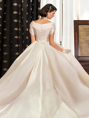Wholesale Engagement Formal Fall Wedding Dresses Ball Gown V Neck Short Sleeve Court Train Satin Bridal Gowns With Ruched Solid Color
