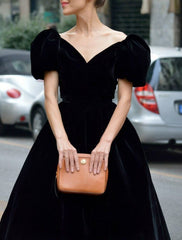 A-Line Cocktail Dresses Elegant Dress Formal Halloween Tea Length Short Sleeve V Neck Fall Wedding Guest Velvet with Ruffles