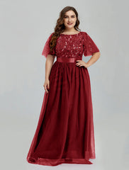 A-Line Prom Dresses Floral Dress Party Wear Quinceanera Floor Length Short Sleeve Jewel Neck Bridesmaid Dress Tulle with Embroidery Splicing
