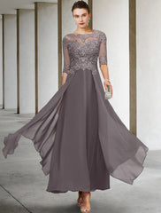 A-Line Mother of the Bride Dress Formal Wedding Guest Elegant Scoop Neck Asymmetrical Ankle Length Chiffon Lace Half Sleeve No with Beading Appliques