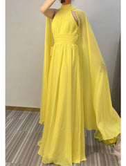 A-Line Evening Gown Elegant Dress Formal Wedding Guest Floor Length Sleeveless High Neck Capes Chiffon with Ruched
