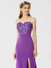 Sheath / Column Bridesmaid Dress Sweetheart Sleeveless Open Back Floor Length Jersey / Floral Lace with Sash / Ribbon / Appliques / Split Front
