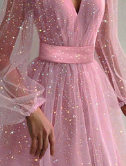Women's Party Dress Homecoming Dress Holiday Dress Midi Dress Pink Apricot Long Sleeve Pure Color Mesh Summer Spring Fall V Neck Romantic Party Winter Dress Birthday
