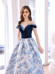 Blue Satin Velvet Long Prom Dress, Blue Long Evening Dress