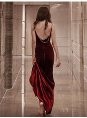 Burgundy Velvet Floor Length Mermaid Prom Dress, Velvet Bridesmaid Dresses