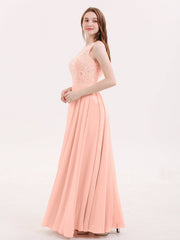 Lace Bodice Chiffon Skirt Long Dress-Coral