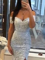 Mermaid Party Dress Prom Dresses Luxurious Dress Formal Wedding Guest Sweep / Brush Train Sleeveless Off Shoulder Tulle with Slit Appliques