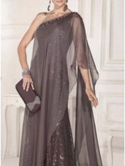 Sheath Mother of the Bride Dress Cape Dress Wedding Guest Elegant Party Sparkle & Shine One Shoulder Sweep / Brush Train Chiffon Lace Sleeveless with Pleats Sequin