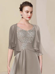 Two Piece A-Line Mother of the Bride Dress Formal Wedding Guest Elegant High Low V Neck Asymmetrical Tea Length Chiffon Lace Half Sleeve Wrap Included with Ruched