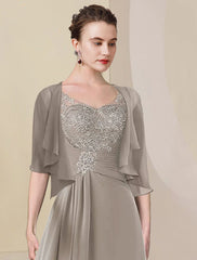Aimishang Two Piece A-Line Mother of the Bride Dress Formal Wedding Guest Elegant High Low V Neck Asymmetrical Tea Length Chiffon Lace Half Sleeve Wrap Included with Ruched Appliques