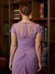 Aimishang Sheath/Column Chiffon Applique Scoop Short Sleeves Tea-Length Mother of the Bride Dresses