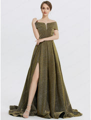 A-Line Evening Gown Elegant Dress Formal Sweep / Brush Train Sleeveless Sweetheart Charmeuse with Glitter Slit