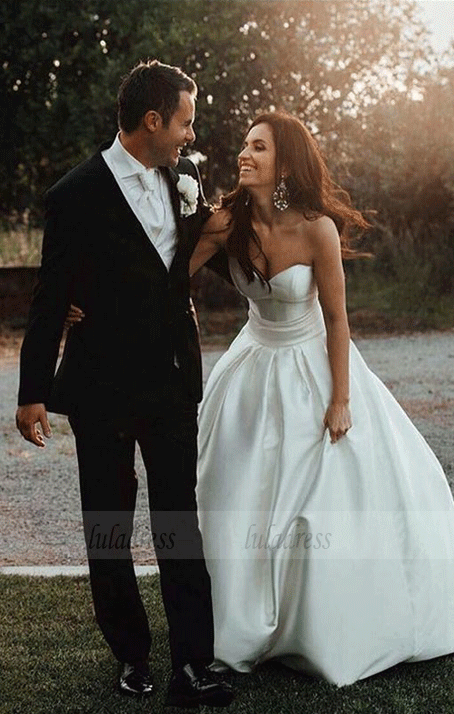 A-Line Sweetheart Sweep Train Satin Wedding Dress with Bowknot