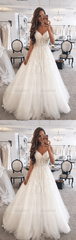A-Line Spaghetti Straps Sweep Train Tulle Wedding Dress with Appliques