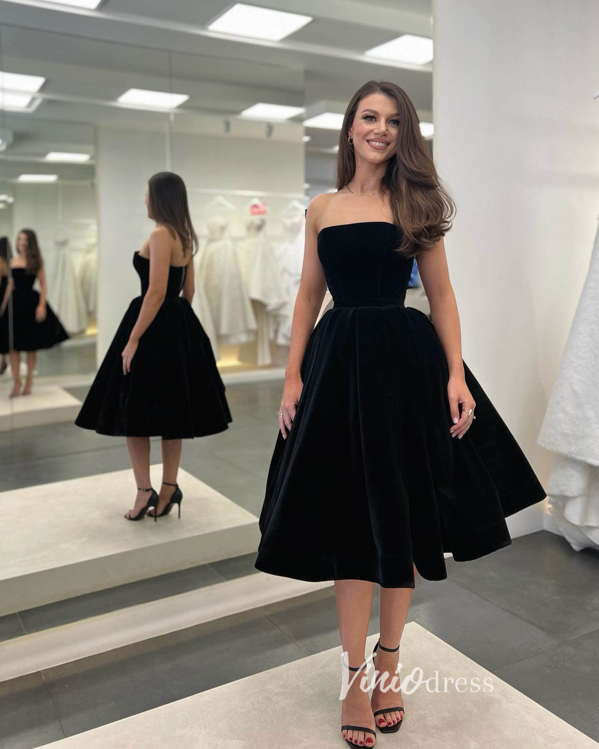 Tea Length Little Black Dress Velvet Short Prom Dresses FD3251