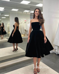 Tea Length Little Black Dress Velvet Short Prom Dresses FD3251