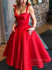 Tea Length Red 60s Party Dresses Simple Prom Dress with Pockets SD1167