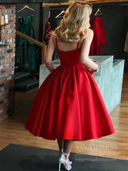 Tea Length Red 60s Party Dresses Simple Prom Dress with Pockets SD1167