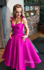 Tea Length Red 60s Party Dresses Simple Prom Dress with Pockets SD1167