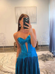 Teal Blue Sparkly Satin Prom Dresses Strapless Sweetheart Neckline Formal Dress - FD5183