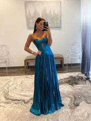 Teal Blue Sparkly Satin Prom Dresses Strapless Sweetheart Neckline Formal Dress - FD5183