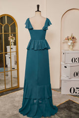 Teal Ruffle Tiered Chiffon Long Bridesmaid Dress