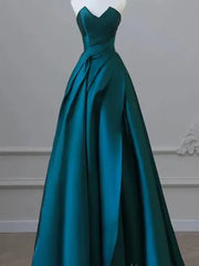 Teal Strapless Satin Prom Dresses with Sweetheart Neckline & Ruched Bodice - FD5290