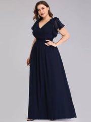 A-Line Mother of the Bride Dress Plus Size V Neck Floor Length Chiffon Short Sleeve with Ruffles