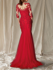 Mermaid / Trumpet Mother of the Bride Dress Luxurious Elegant V Neck Sweep / Brush Train Lace Tulle Half Sleeve with Pleats Appliques