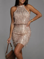 Women's Silver Sequin Dress Fringe Dress Party Dress Sparkly Dress Little Black Dress Sexy Dress Black Homecoming Dress Mini Dress Sleeveless Spring Fall Halter Neck Wedding Guest