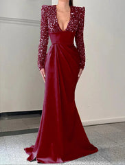 Mermaid / Trumpet Evening Gown Elegant Dress Formal Sweep / Brush Train Long Sleeve V Neck Satin with Pleats Sequin