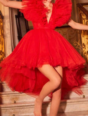 A-Line Prom Dress Red Green Dresses Vintage Dress Red Green Dress Wedding Guest Masquerade Asymmetrical Sleeveless V Neck Tulle with Fringe