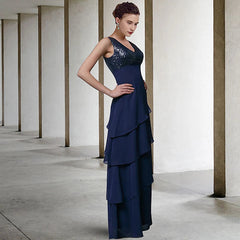A-Line Mother of the Bride Dress Elegant V Neck Floor Length Chiffon Sequined Sleeveless Wrap Included with Sequin