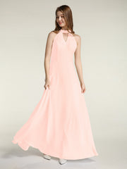 Halter Chiffon Long Bridesmaid Gowns with Low Back-Pearl Pink