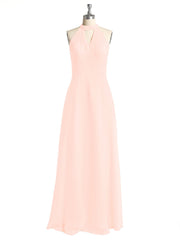 Halter Chiffon Long Bridesmaid Gowns with Low Back-Pearl Pink