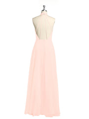 Halter Chiffon Long Bridesmaid Gowns with Low Back-Pearl Pink