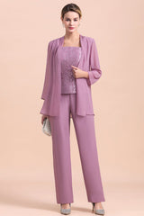Three Pieces Mother of the Bride Dresses Lilac Chiffon Wedding Wear Outfits