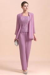 Three Pieces Mother of the Bride Dresses Lilac Chiffon Wedding Wear Outfits