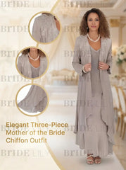 Three Pieces Mother of the Bride Dresses Plus Size Chiffon Mother of the Bride Outfits